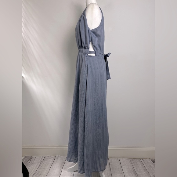 Grade & Gather Slate Blue Pinstripe Halter Neck Side Cutouts Chic Maxi Dress - Picture 4 of 11